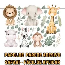 Kit Adesivo Safari Aquarela Decoração Quarto Bebê Animais Fofo Leão Girafa