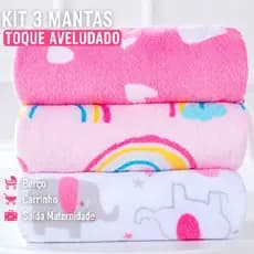 KIT 3 MANTAS Cobertor De Bebê Estampada 1,00 x 0,90m Menina e Menino Cobertinha De Berço