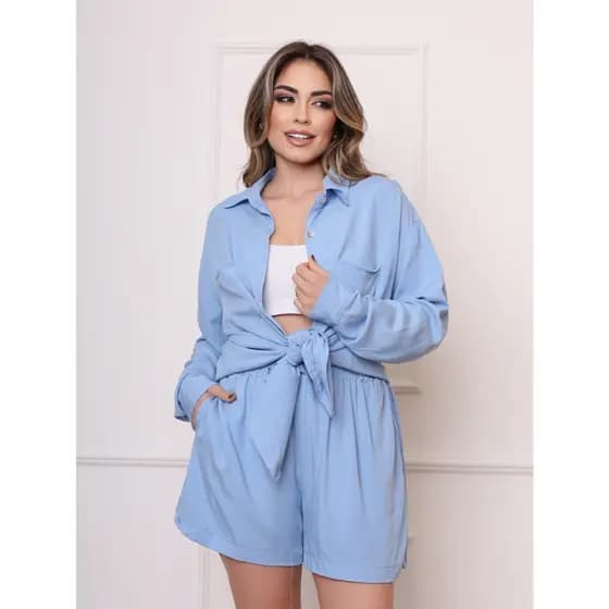 Conjunto Visco Linho Camisa e Short Moda Feminina