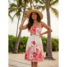 Vestido Curto Estampado Floral Com Recorte Na Cintura Alcinha Verão Praia COD 142