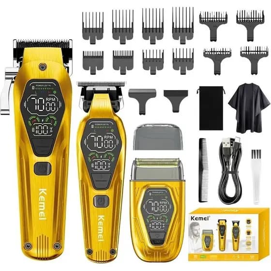 Kit Máquina de Cortar Cabelo + Máquina de Acabamento Elétrica Recarregável + Máquina Barbeiro Pro Kemei KM-8551