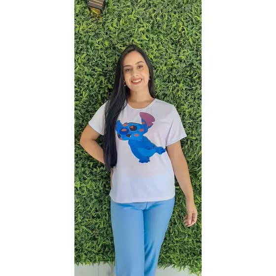 Pijama Feminino Adulto Stitch Desenho Meia Estação Fresco E Confortável