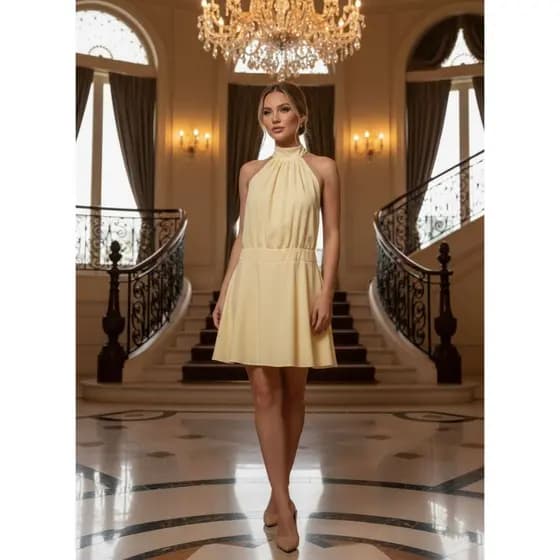 Vestido Solto Gola Alta de Amarrar Costas Aberta com Zíper Cinturado Moda Tendência Elegante