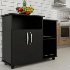 Fruteira Balcão Preta Suporte De Microondas Com 4 Rodinhas Branco, Branco com tampo preto e Preto