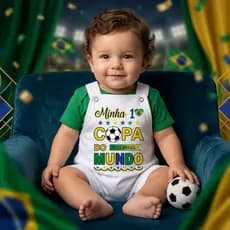 Conjunto Jardineira Bebê Brasil Branco Temático + Body Verde 100% Algodão