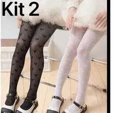 KIT2 Meia Calça Infantil Arrastão Coração Menina
