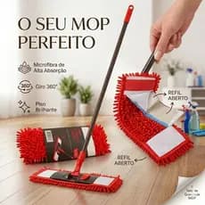 Kit 2 Mop Flat Chenile Microfibra Esfregão Refil Lavavel Base Flexivel Cabo Ajustável 360º