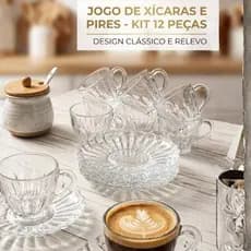 Jogo de 6 chicaras e 6 Pires Para cafe e cha Brasiliano de vidro Transparente 110 ml 12 peças