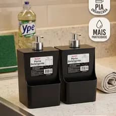 Kit 2 Porta Detergente Dispenser 550 ml Pia Cozinha Organizador Cor Preto Suporte 2 em 1 Para Bucha