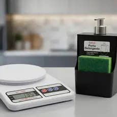 Kit para Cozinha: Dispenser com Porta Bucha 500ml + Balança Digital Alta Precisão
