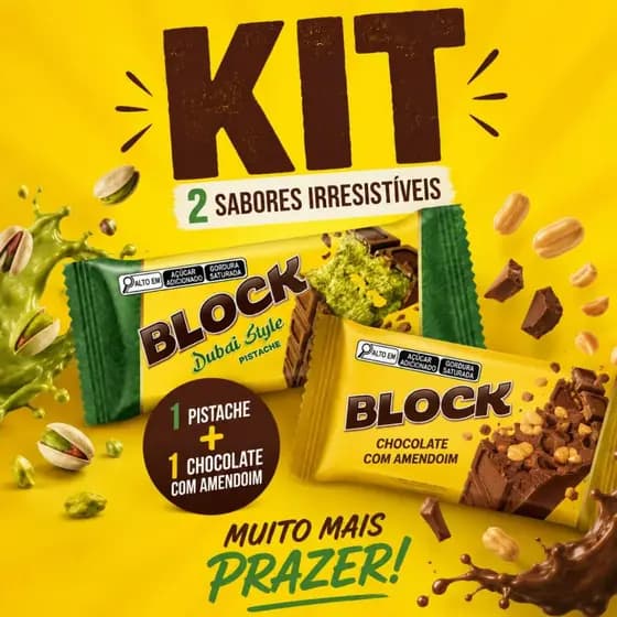 KIT 1 Barra Block Pistache Dubai 165g + Barra Block Amendoim Torrado 140g Arcor