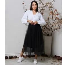 Saia mídi de Tule Poa forrada Moda Evangélica Feminina.com bolinha