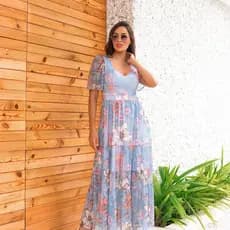 Vestidos Mídi Moda Evangélica tule com estampa floral festas, casamentos