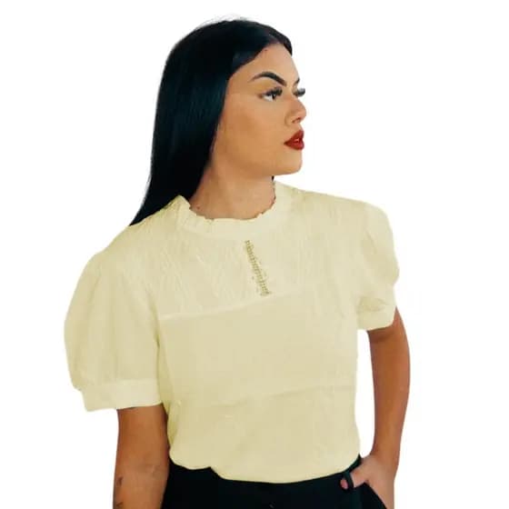 Blusa Princesa Drapeada Lisa Crepinho de Manga Curta Puff Gola  Redonda  Envangélica Tendência 2025