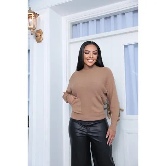 Suéter blusa de frio inverno Com Bolso na Lateral feminina de manga morcego e gola alta em Modal 3D