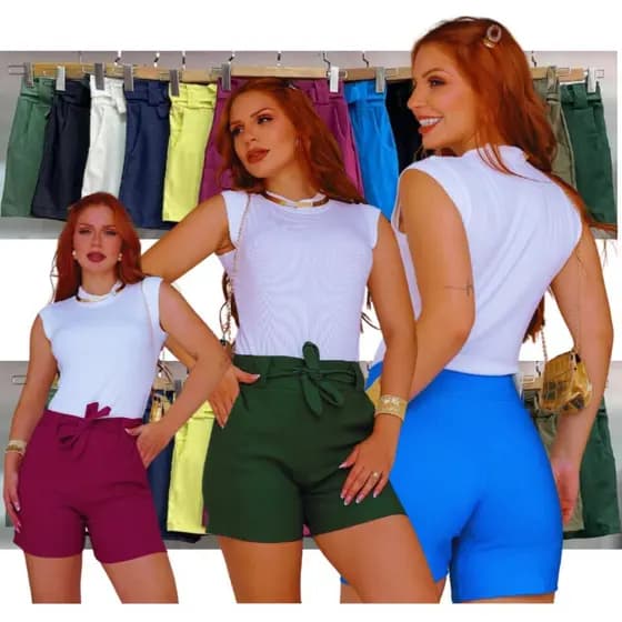 Short  Laço Shortinho Curto Feminino Bengaline Clochard