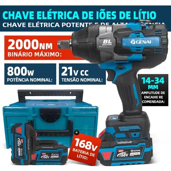 Chave de impacto sem escova de 168V, torque de 3000 Nm, motor sem escova de 1500W + 2 Baterias
