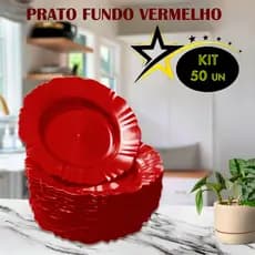 KIT 50  PRATOS VERMELHOS FUNDO PÉTALA PLÁSTICO REFEIÇÃO CHURRASCO FESTA ANIVERSÁRIO