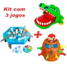 Brinquedo Infantil kit com 3 jogos Crocodilo Morde DedoJacaré+Barril Pula Pirata+Pinguim Quebra Gelo