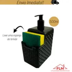 Porta Detergente Dispenser Sabão 2x1 Suporte Porta Bucha Esponja Limpeza Limpa Cozinha Rattan Preto