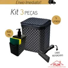 Kit Pia de Cozinha 3 Peças c/ Lixeira 5L Rodo de pia Porta Detergente Esponja - Preto