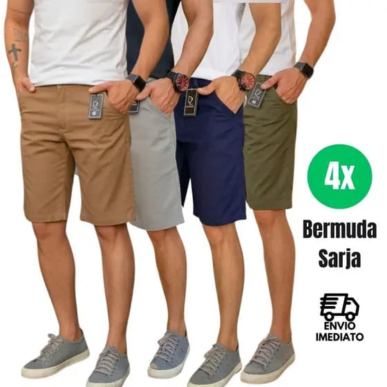 Kit 4 Bermudas Masculina Sarja Brim Lisa Social Casual Diversas Cores Alta Qualidade