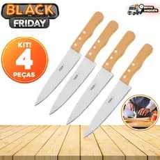 Kit 4 Facas de Cozinha em Aço Inox com Cabo de Madeira 5" – Ideal para Carne, Salada, Legumes e Churrasco em oferta