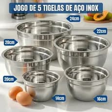 Jogo de Bowls Inox 5 Peças Tigelas Empilháveis Aço Inoxidável Premium 14 a 24cm Alta Resistência Cozinha Profissional
