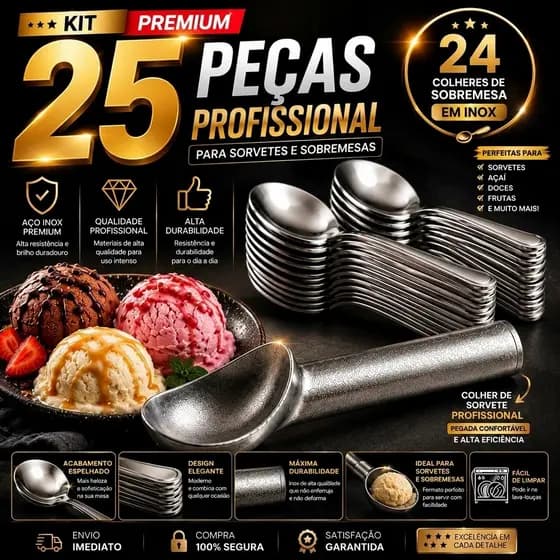 Kit Colher de Sorvete Profissional + 24 Colheres de Sobremesa Inox Luxo Alta Qualidade