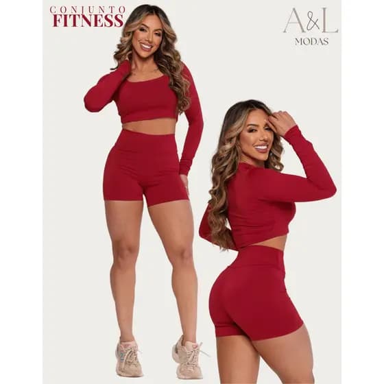Conjunto De Academia Short Cós Alto Legging + Cropped Top Manga Longa Feminino Moda Gringa Corrida
