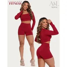 Conjunto De Academia Short Cós Alto Legging + Cropped Top Manga Longa Feminino Moda Gringa Corrida