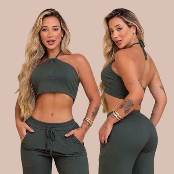 Top Cropped Feminino Canelado Frente Única com Forro e Amarração nas Costas