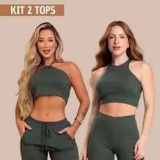 Kit 2 Tops Cropped Femininos Canelados Top Nadador Halter e Top Cropped Frente Única com Amarração