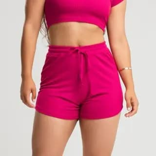 Short Feminino Canelado Cintura Alta com Cós Elástico e Cadarço Ajustável