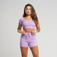 Conjunto Feminino Canelado Short Cintura Alta com Elástico e Top Cropped Manga Curta