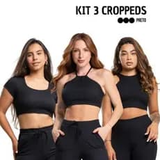 Kit 3 Tops Cropped Femininos Canelados Nadador Amarração e Manga Curta