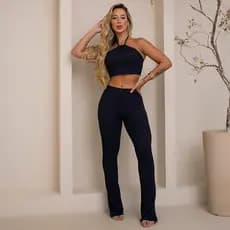 Conjunto Feminino Canelado Calça Flare Cintura Alta com Cós De Elástico e Top Frente Única