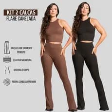 Kit 2 Calças Flare Femininas Caneladas Cintura Alta com Elástico no Cós