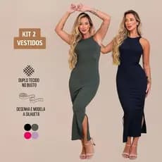 Kit 2 Vestidos Femininos Midi Regata Canelado Premium com Fenda Lateral e Modelagem Slim