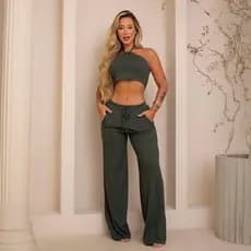 Conjunto Feminino Canelado Calça Pantalona Com Cós Elástico e Top Cropped Frente Única com Amarração