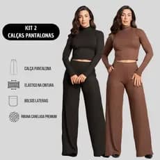Kit 2 Calças Pantalona Femininas Wide Leg Caneladas Cintura Alta com Cós Elástico e Bolsos Laterais