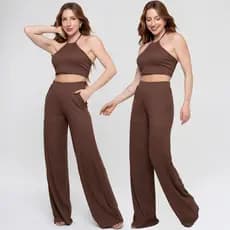Conjunto Feminino Canelado Calça Pantalona e Top Cropped Frente Única