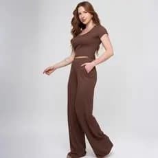 Conjunto Feminino Casual Calça Pantalona + Cropped Manga Curta