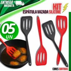 Conjunto Kit 5 Espátula Silicone Vazada Grelhados Fritura Cozinha Restaurante Ovo Carne Hamburguer