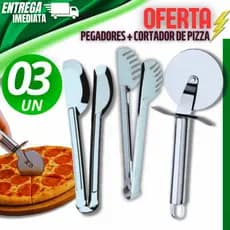 Kit 03 Uni  2 Pegador Premium Carne Salada Universal Frios Massa Gelo Petiscos 1 Cortador Pizza Inox