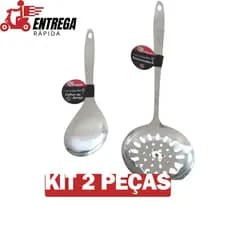 Kit Essencial Peças Praticidade Na Cozinha Colher de Arroz Escumadeira Frituras Aço Inoxidável