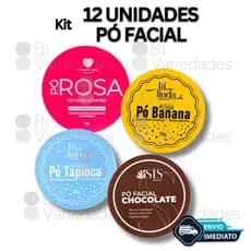 Kit com 12 Pó Solto Efeito Matte Glow Makeup Banana Rosa Mosqueta Tapioca Chocolate