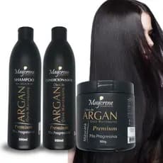Kit Argan Premium 1 Shampoo + 1 Condicionador + 1 Máscara Maycrene Pós Progressiva Ouro Marroquino