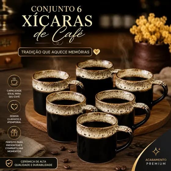 Jogo De Xicara Para Cafe De Porcelana Borda Decorada C/ 6 Premium