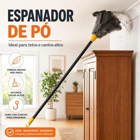 Espanador de Pó 52cm Colorido Grande - Penas Sintéticas Antiestático Não Risca Móveis (Focado em proteção e tamanho)